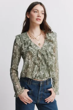 Blouse &agrave; volants imprim&eacute;e en gaze