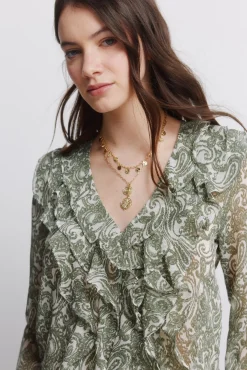 Blouse &agrave; volants imprim&eacute;e en gaze
