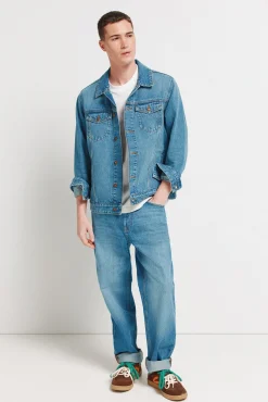 Blouson en denim d&eacute;lav&eacute; moyen fonc&eacute;