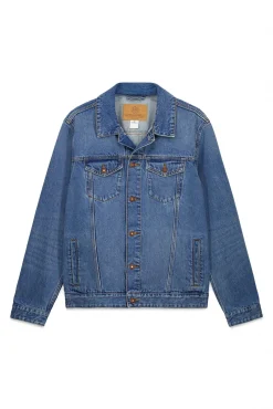 Blouson en denim d&eacute;lav&eacute; moyen fonc&eacute;