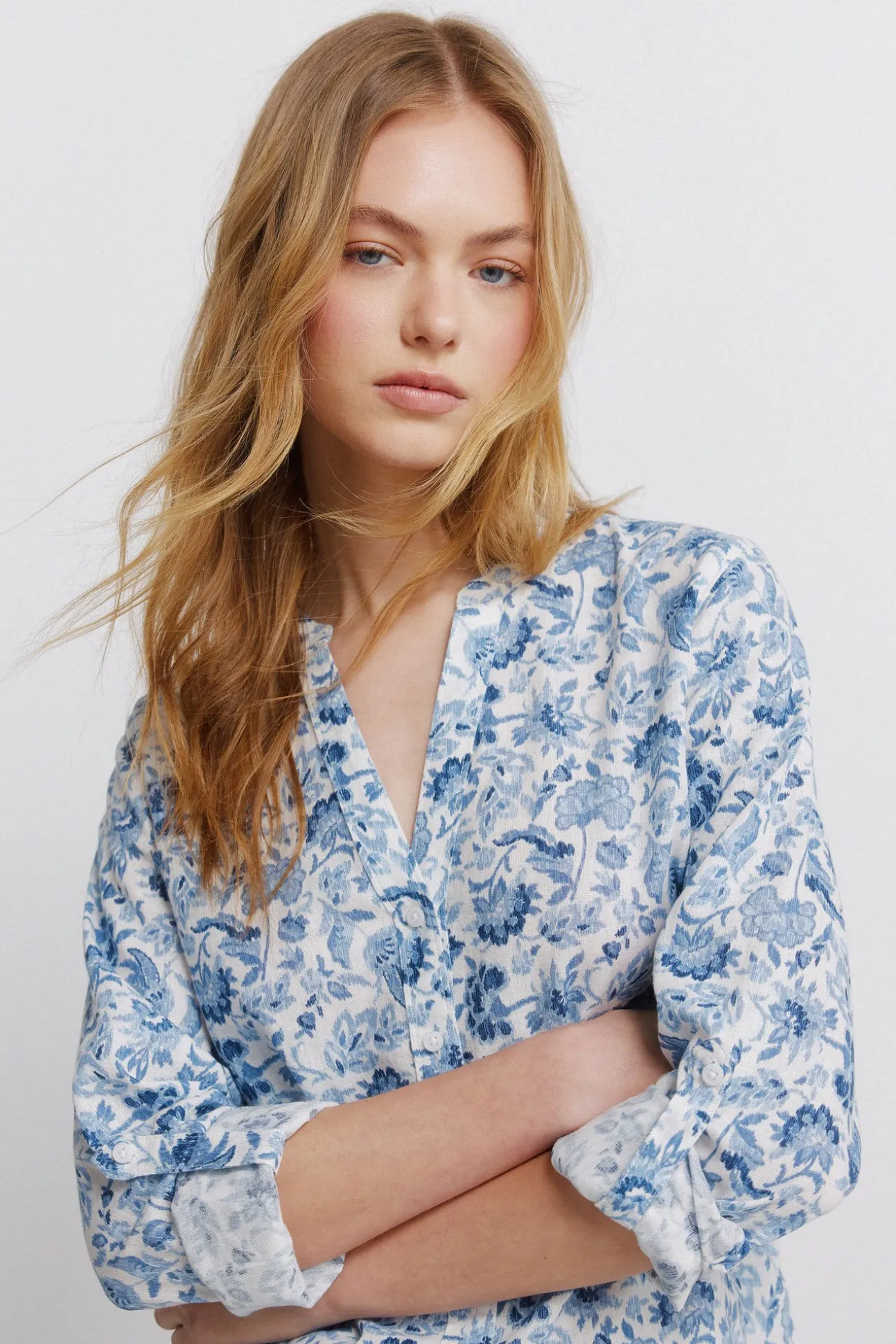 Chemise col mao effet lin