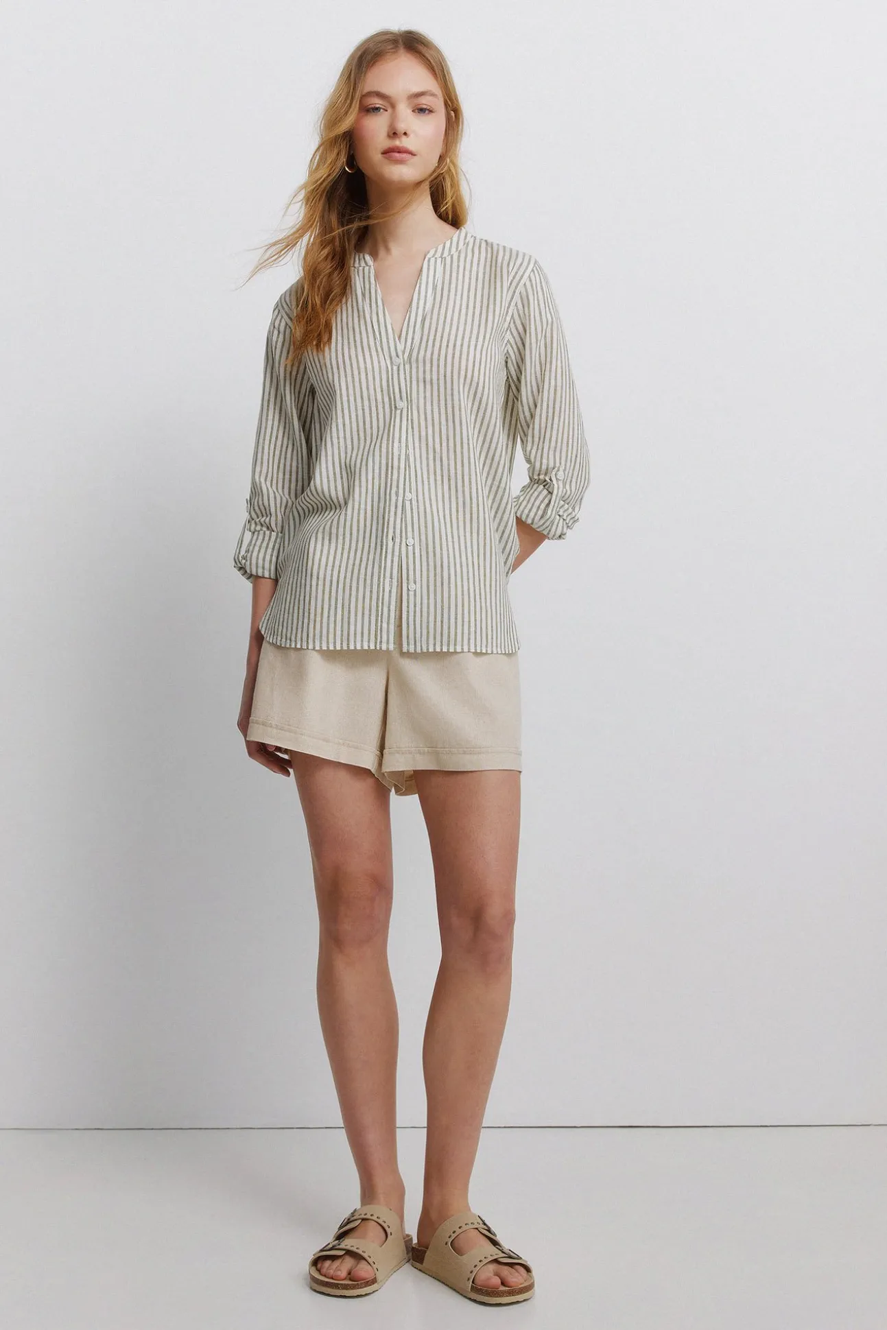 Chemise col mao effet lin