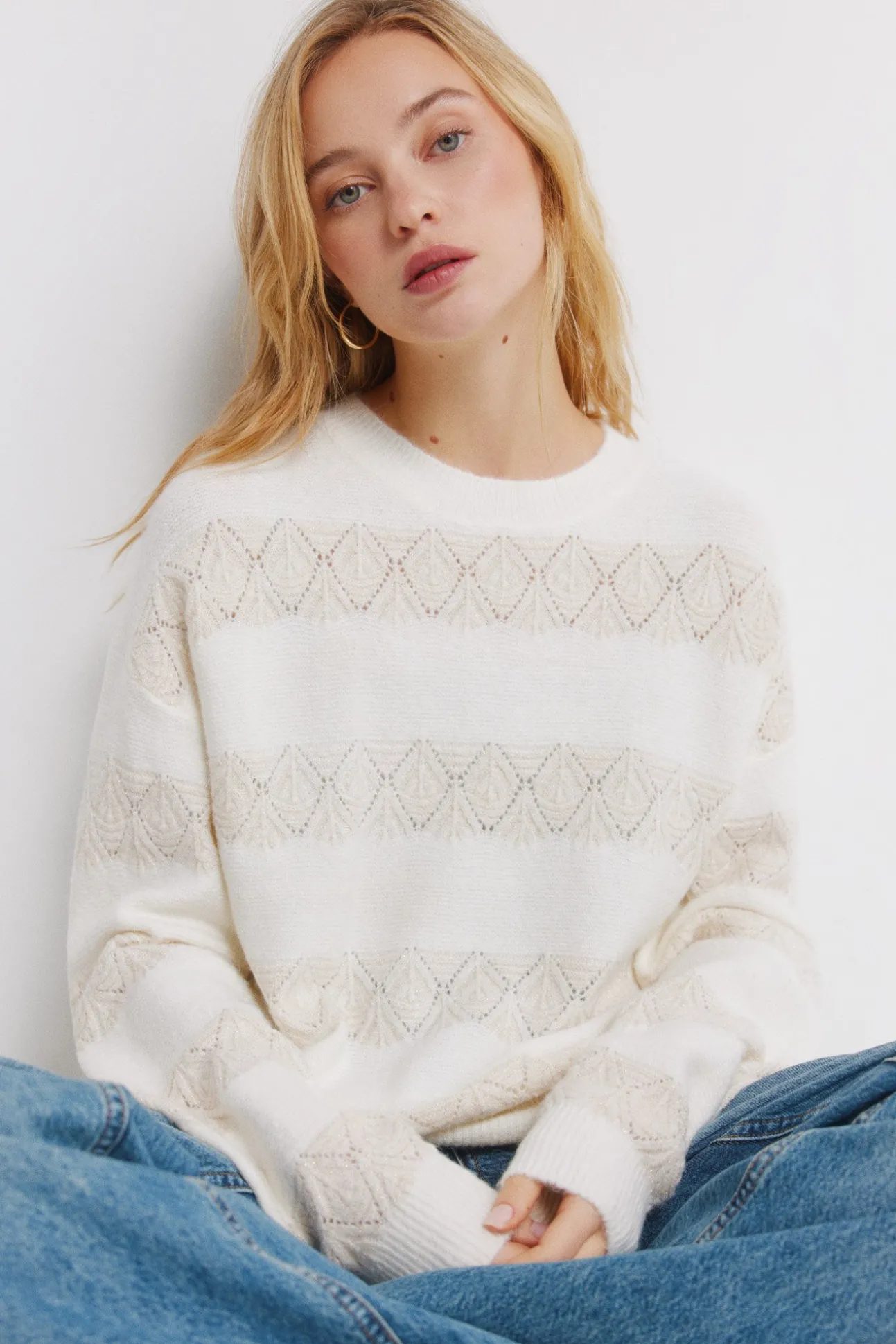 Pull pointelle rayures lurex