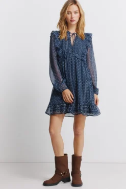 Robe courte &agrave; manches longues &agrave; volants