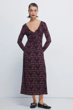 Robe midi imprim&eacute; &agrave; d&eacute;collet&eacute; fronc&eacute;