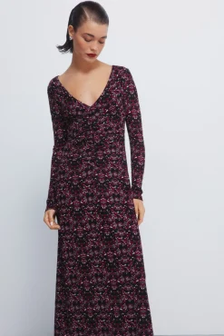 Robe midi imprim&eacute; &agrave; d&eacute;collet&eacute; fronc&eacute;