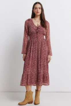 Robe midi imprim&eacute; avec d&eacute;collet&eacute; &agrave; volant