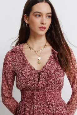 Robe midi imprim&eacute; avec d&eacute;collet&eacute; &agrave; volant