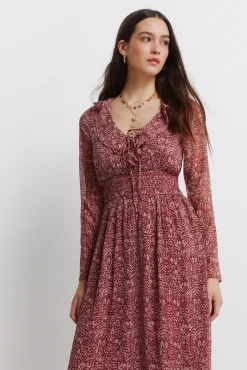 Robe midi imprim&eacute; avec d&eacute;collet&eacute; &agrave; volant