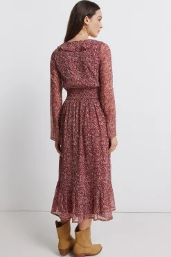 Robe midi imprim&eacute; avec d&eacute;collet&eacute; &agrave; volant