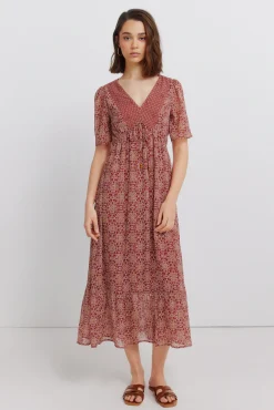 Robe midi imprimé frise décolleté