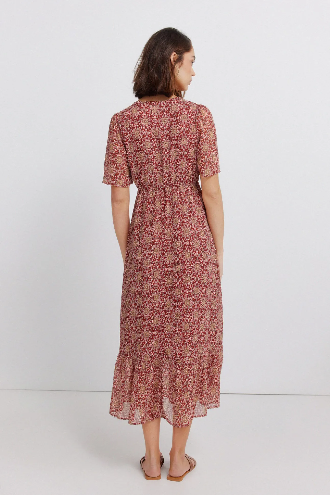 Robe midi imprimé frise décolleté
